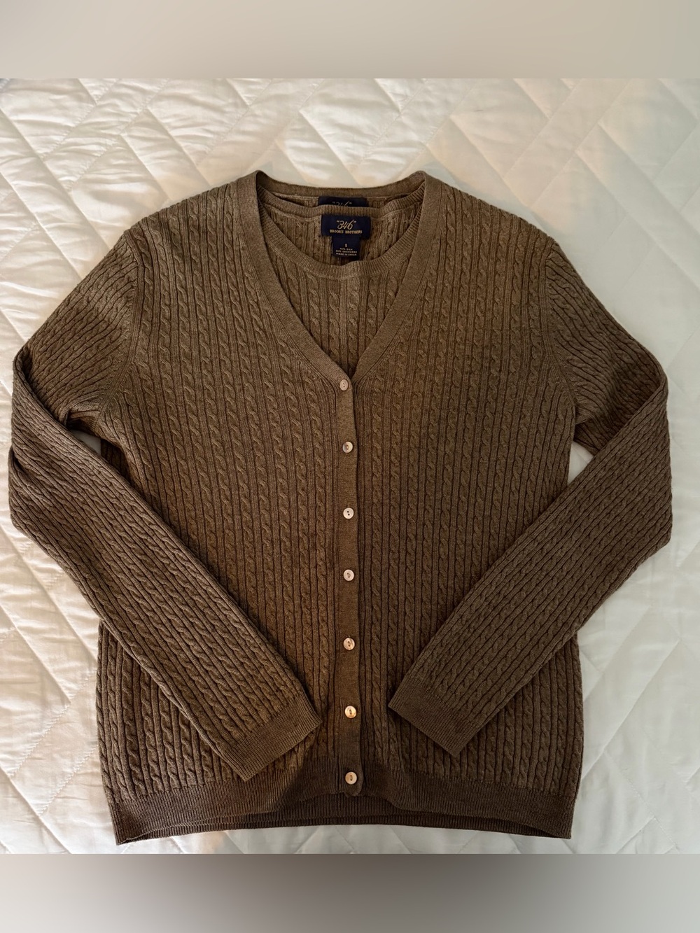 Women’s Brooks Brothers Olive Brown Cable-Knit V-Neck Cardigan and Shell